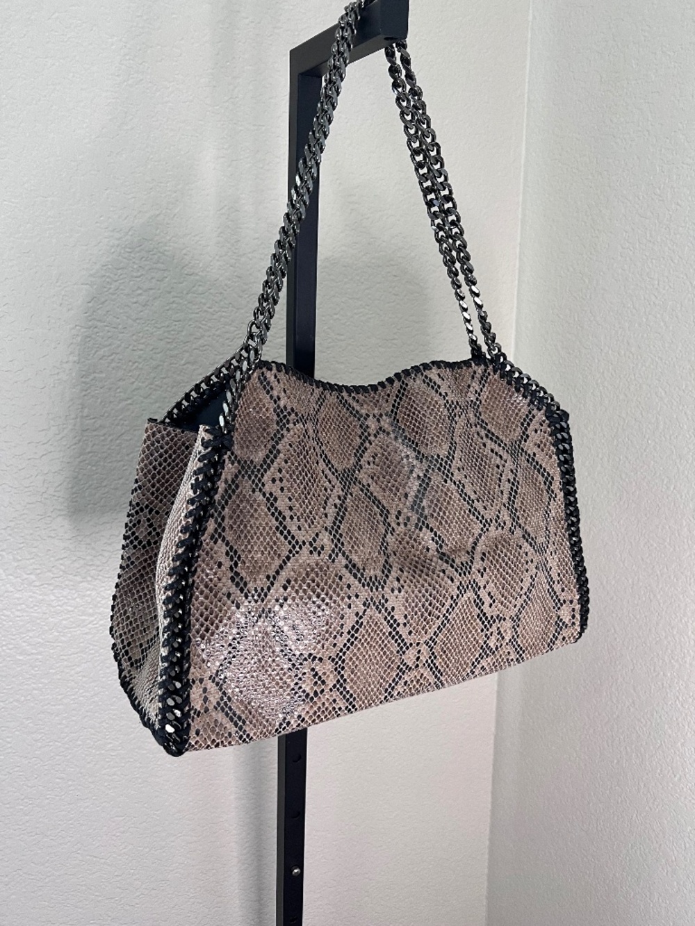 Faux Snakeskin and Chain Tote Bag
